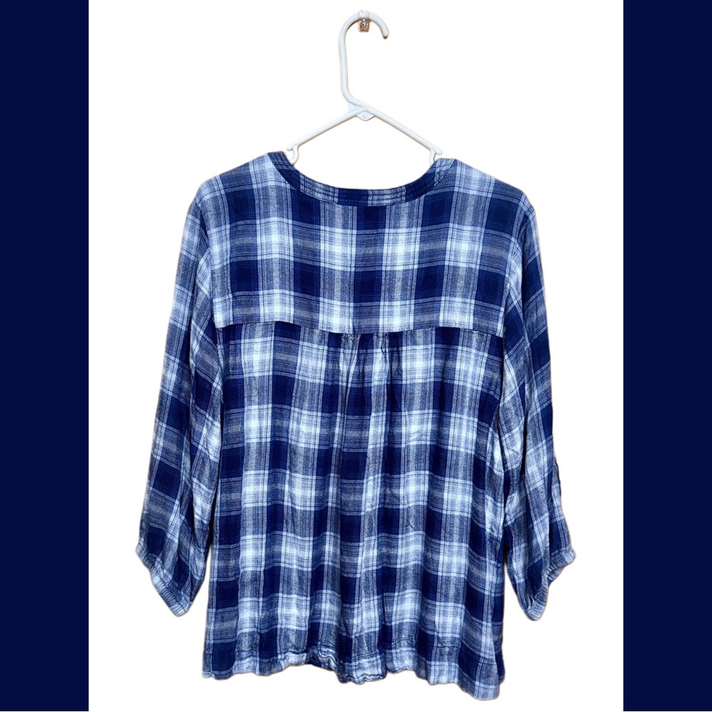 💙 Wrangler Blue Plaid Babydoll Peasant Top XL Soft Boho Western Cowgirl Blouse 💙 - Picture 2 of 4